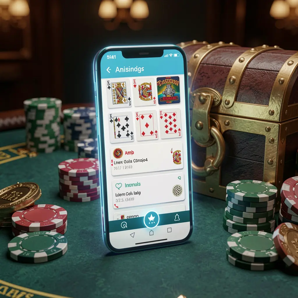 Ponsel pintar bercahaya yang menampilkan tata letak aplikasi APK Kasino bergaya Android oleh PP62, dikelilingi peti harta karun, chip, dan koin dalam render 3D mewah