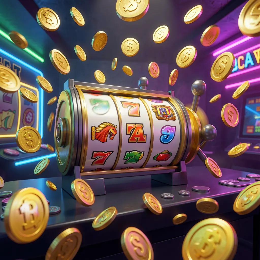 Gambar kasino putaran gratis PP62 yang menampilkan gulungan mesin slot berputar dengan koin emas beterbangan di bawah lampu neon warna-warni, menciptakan suasana jackpot yang menarik dalam ilustrasi 3D premium