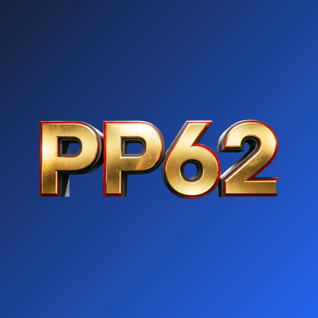 Logo kasino mewah PP62 dengan teks bergradasi emas kaya, aksen merah dan hitam, lampu elegan, gaya hiburan kelas atas, latar belakang transparan, logo wordmark horizontal persegi panjang untuk header situs web