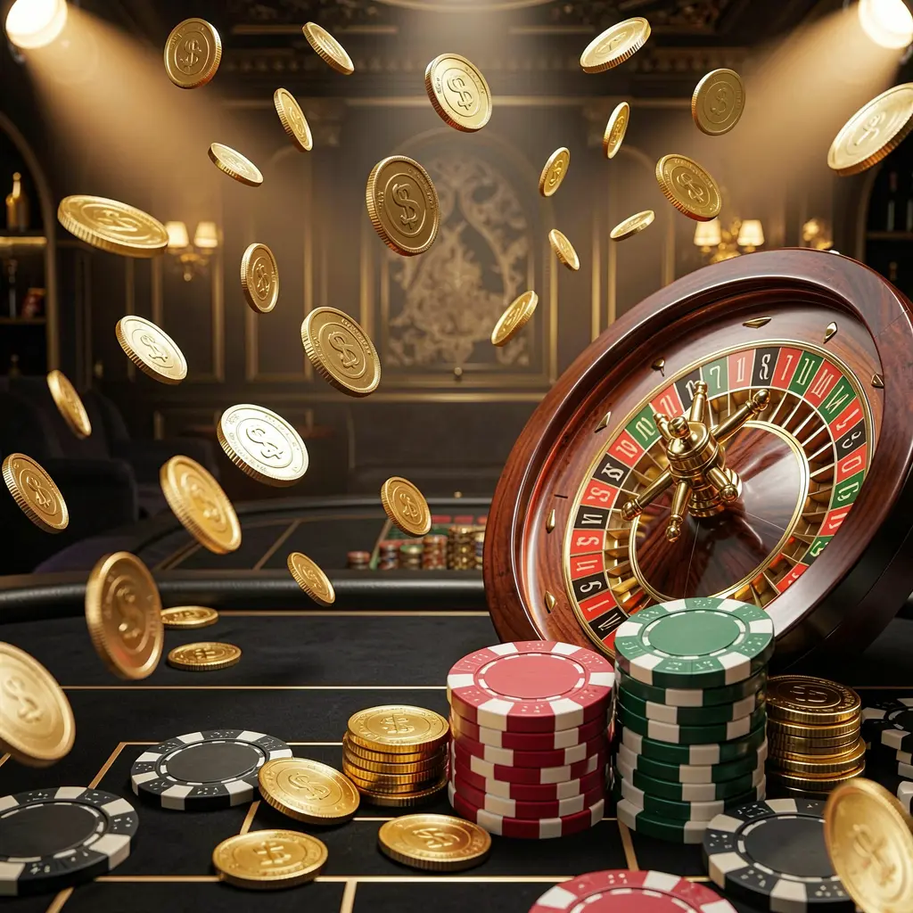 Latar belakang halaman utama kasino online PP62 dengan lampu kasino dramatis, koin emas beterbangan, tumpukan chip poker di latar depan, dan roda roulette di belakang dalam suasana mewah hitam dan emas